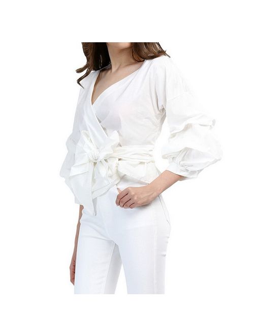 AOMEI Women Spring Summer Blouses with Puff Sleeve Sashes Shirts Tops
