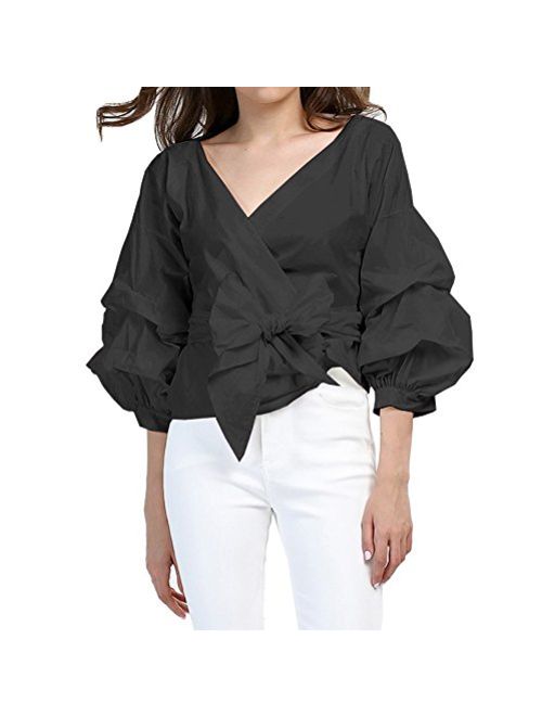 AOMEI Women Spring Summer Blouses with Puff Sleeve Sashes Shirts Tops