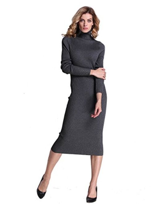 PrettyGuide Women Sweater Dress Turtleneck Ribbed Knit Slim Fit Long Sleeve Midi Dress