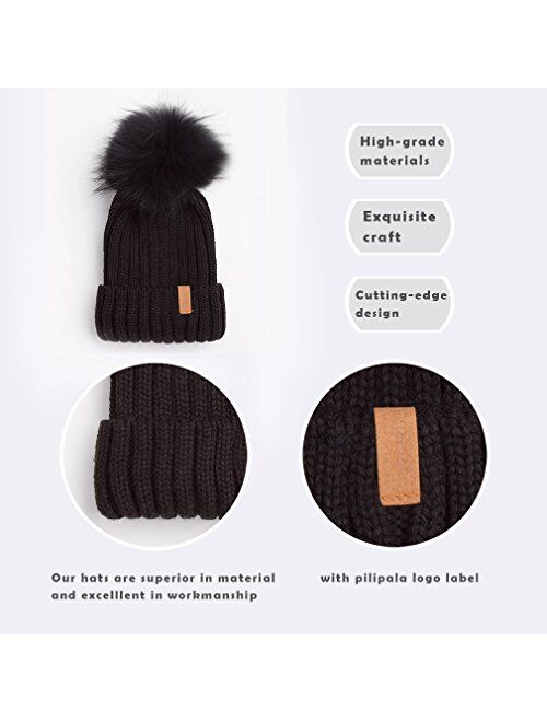 Pilipala Women Winter Knitted Beanie Hat with Fur Pom Bobble Hat Skull Beanie for Women