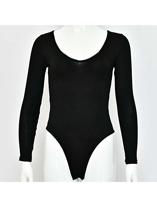 Weigou Women Jumpsuits Deep V Neck Long Sleeve Bodycon Stretch Jumpsuit Leotard Bodysuit Tops