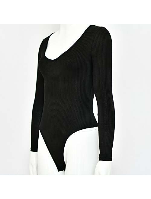 Weigou Women Jumpsuits Deep V Neck Long Sleeve Bodycon Stretch Jumpsuit Leotard Bodysuit Tops