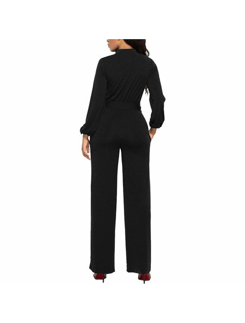 Ophestin Womens Long Sleeve Jumpsuit for Work Wide Leg Pants Rompers with Belt