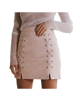 katiewens Women's Classic High Waist Lace Up Bodycon Faux Suede A Line Mini Pencil Skirt