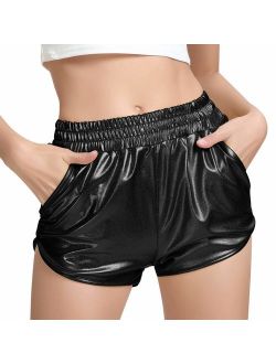NOROZE Womens Shiny Metallic Wet Look Mini Shorts Disco PU Hot Pants