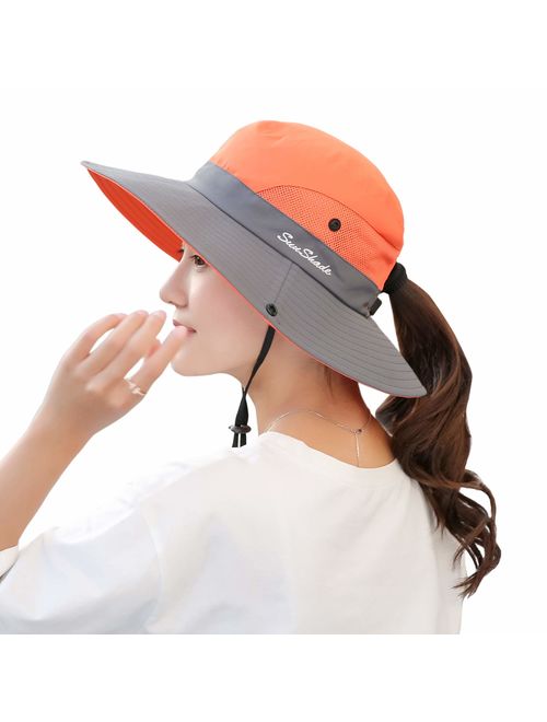 Muryobao Women's Summer Mesh Wide Brim Sun UV Protection Hat with Ponytail Hole