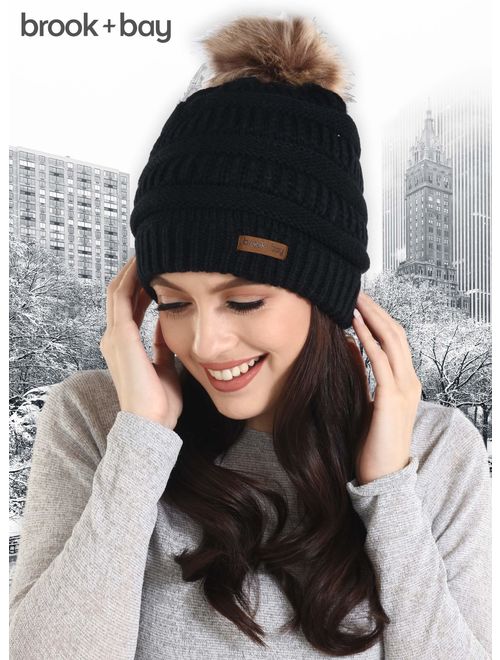 Brooks Brook + Bay Faux Fur Pom Pom Beanie for Women - Warm & Cute Cable Knit Winter Hats - Thick, Chunky & Soft Stretch Knitted Caps for Cold Weather - Stylish & Trendy Snow Be