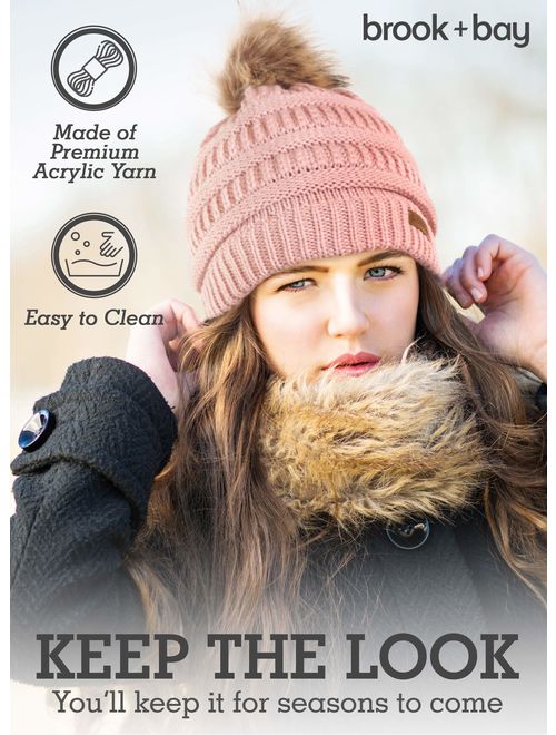 Brooks Brook + Bay Faux Fur Pom Pom Beanie for Women - Warm & Cute Cable Knit Winter Hats - Thick, Chunky & Soft Stretch Knitted Caps for Cold Weather - Stylish & Trendy Snow Be