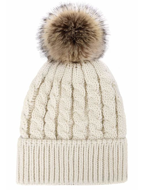 Livingston Women's Winter Soft Knit Beanie Hat with Faux Fur Pom Pom