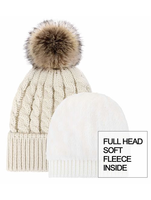 Livingston Women's Winter Soft Knit Beanie Hat with Faux Fur Pom Pom 