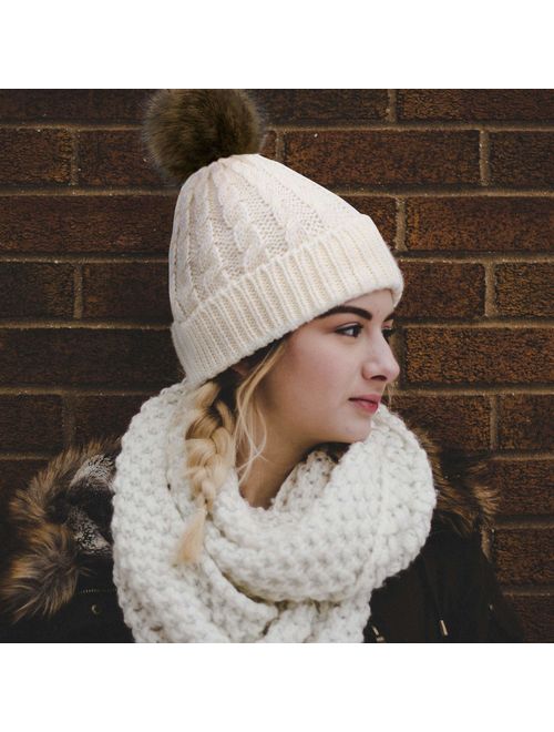 Livingston Women's Winter Soft Knit Beanie Hat with Faux Fur Pom Pom