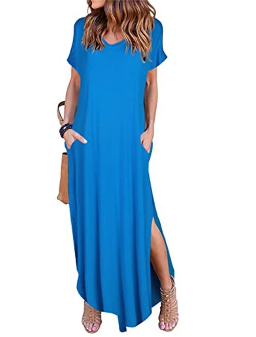 Arolina Women's Summer Maxi Dress Short Sleeve V Neck Casual Loose Long Beach Split Dresses with Pockets