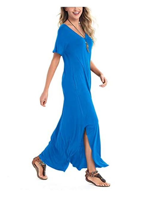 Arolina Women's Summer Maxi Dress Short Sleeve V Neck Casual Loose Long Beach Split Dresses with Pockets