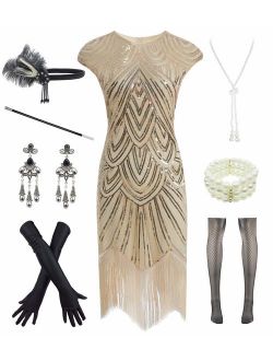 Women 1920s Vintage Flapper Fringe Beaded Gatsby Party Dress with 20s Accessories Set