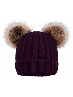 Arctic Paw Cable Knit Beanie with Faux Fur Pompom Ears