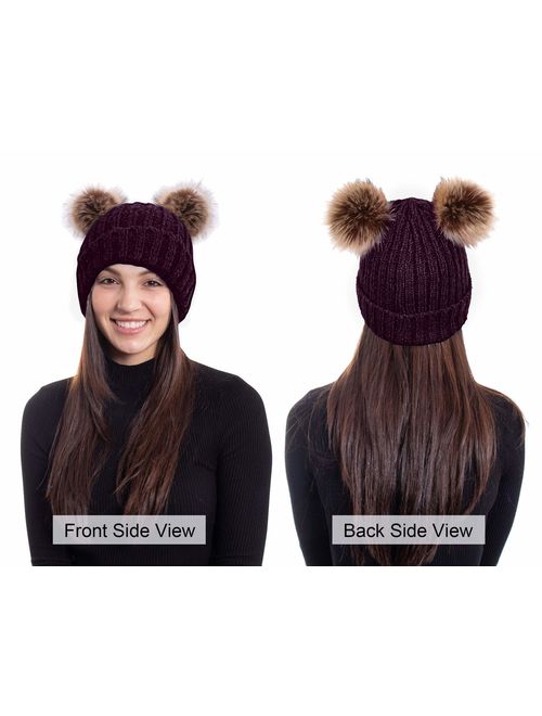 Arctic Paw Cable Knit Beanie with Faux Fur Pompom Ears