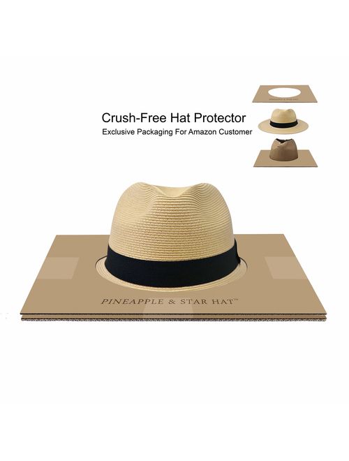 Pineapple&Star Sun Straw Fedora Beach Hat Fine Braid UPF50+ for Both Women Men