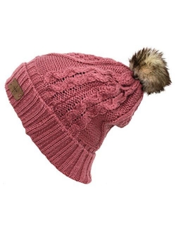 ANGELA & WILLIAM Women's Winter Fleece Lined Cable Knitted Pom Pom Beanie Hat