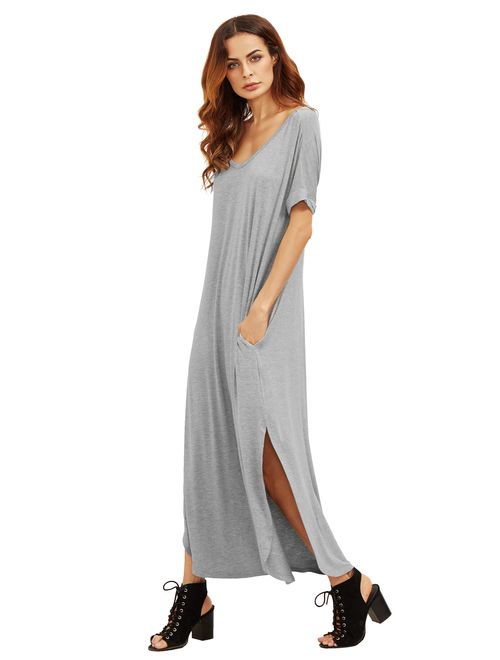 MAKEMECHIC Women's Casual Loose Pocket Long Dress Short Sleeve Split Maxi Dress