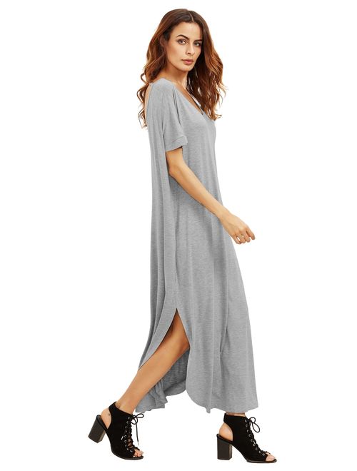 MAKEMECHIC Women's Casual Loose Pocket Long Dress Short Sleeve Split Maxi Dress