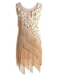 Women's 1920s Beaded Fringe Scalloped Petal Plus Size Embellished Flapper Dress