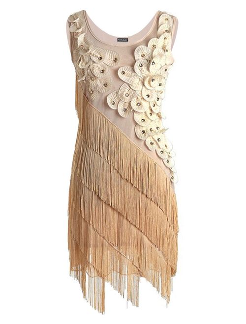 PrettyGuide Women's 1920s Beaded Fringe Scalloped Petal Plus Size Embellished Flapper Dress
