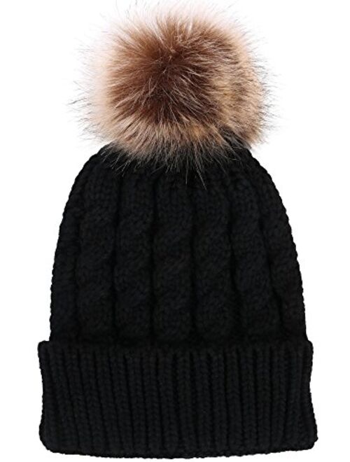 Simplicity Womens Winter Hand Knit Faux Fur Pompoms Beanie Hat