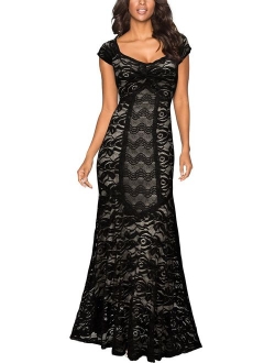 Women's Retro Flare Lace Split Side Evening Black Maxi Dress