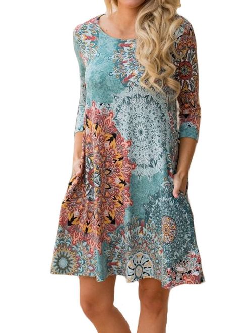 ETCYY Women's Long Sleeve Floral Printed Casual Swing T-Shirt Dress with Pockets