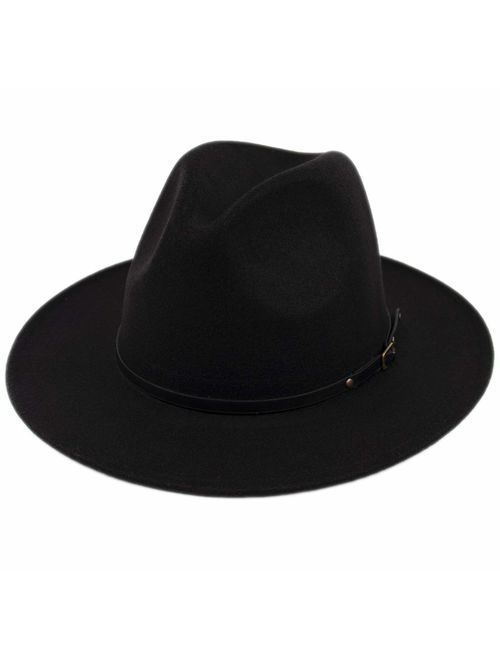 Lanzom Womens Classic Wide Brim Floppy Panama Hat Belt Buckle Wool Fedora Hat