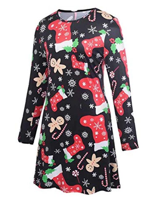 LaSuiveur Women's Christmas Santa Claus Print Pullover Flared A Line Dress