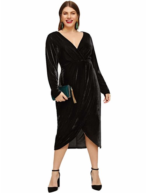 ESPRLIA Women's Plus Size High Waist Velvet Sexy Faux Wrap Pencil Cocktail Midi Dresses