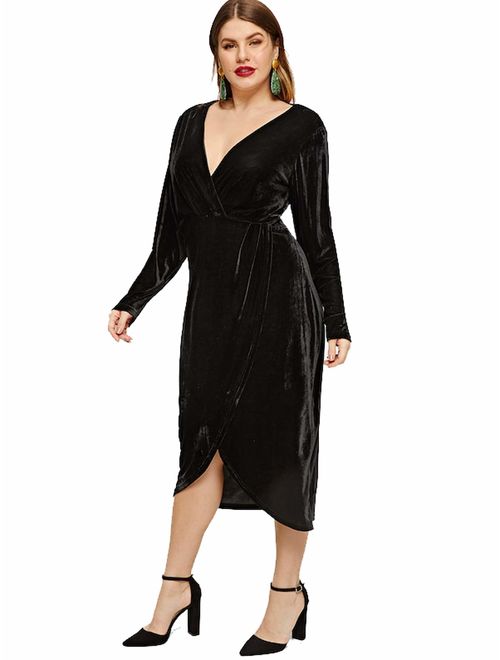 ESPRLIA Women's Plus Size High Waist Velvet Sexy Faux Wrap Pencil Cocktail Midi Dresses
