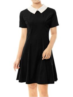 Women's Contrast Doll Collar Short Sleeves Above Knee Flare Dress
