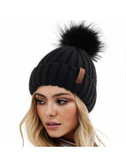 Womens Winter Knitted Beanie Hat with Faux Fur Pom Warm Knit Skull Cap Beanie for Women