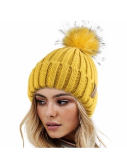 Womens Winter Knitted Beanie Hat with Faux Fur Pom Warm Knit Skull Cap Beanie for Women