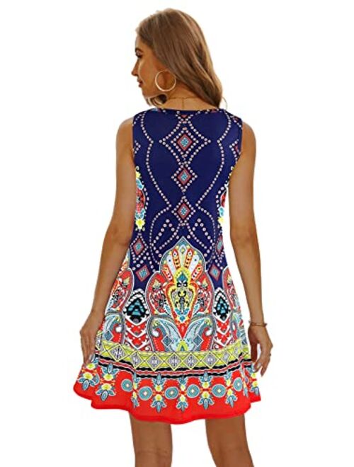 Moskill Summer Beach Dresses for Women Tshirt Sundresses Boho Casual Sleeveless Floral Shift Pockets Swing Loose Damask