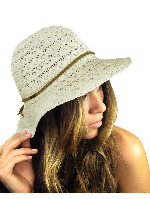 NYFASHION101 Open Knit Brown Braided Trim Vented Cotton Beach Sun Hat