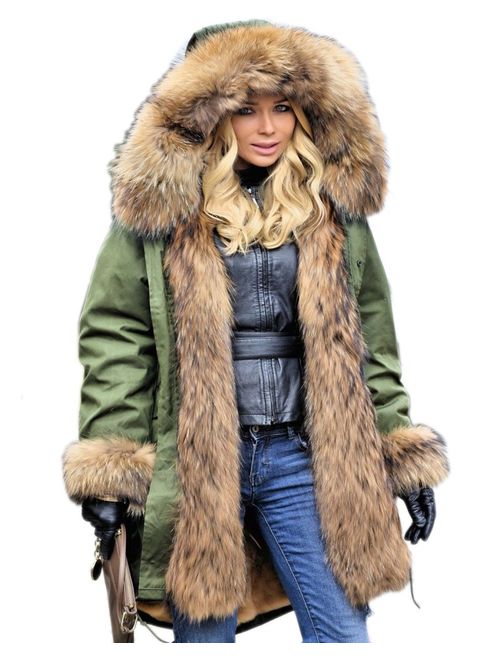 Aofur Womens Hooded Faux Fur Lined Warm Coats Parkas Anoraks Outwear Winter Long Jackets