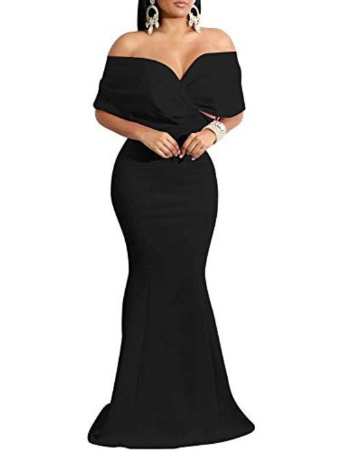 GOBLES Women Sexy V Neck Off The Shoulder Evening Gown Fishtail Maxi Dress