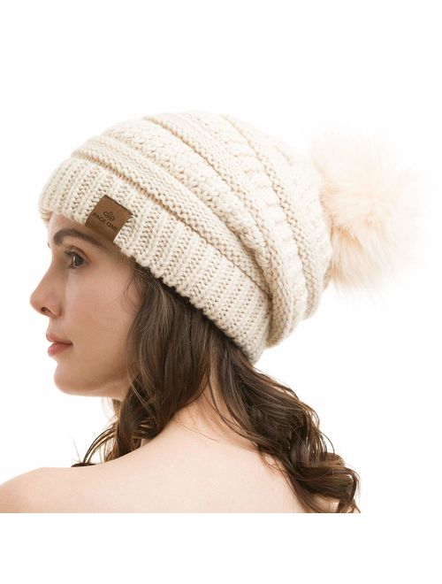 PAGE ONE Womens Fleece Lined Slouchy Beanie Chunky Baggy Hat Fur Pompom Winter Soft Warm Cap