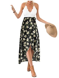 Women's Deep V Neck Sleeveless Summer Asymmetrical Floral Maxi Dress