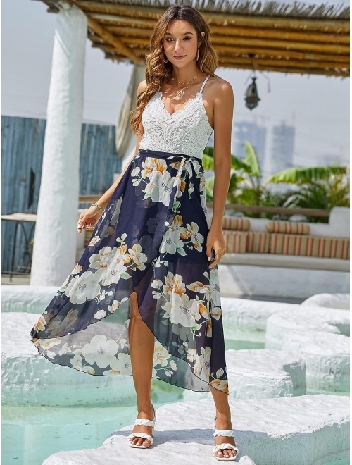 Blooming Jelly Women's Deep V Neck Sleeveless Summer Asymmetrical Floral Maxi Dress