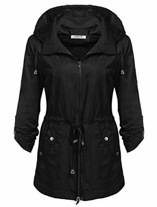 ANGVNS Women's Waterproof Rain Jaket Versatile Utilitarian Warm Anorak Drawstring Raincoat Military Cargo Mesh Hooded Jacket