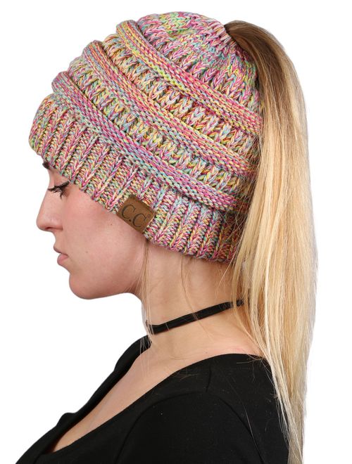 Funky Junque Women's Beanie Ponytail Messy Bun BeanieTail Multi Color Ribbed Hat Cap
