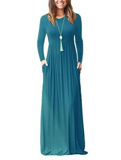 HAOMEILI Long Sleeve Loose Plain Long Maxi Casual Dresses with Pockets