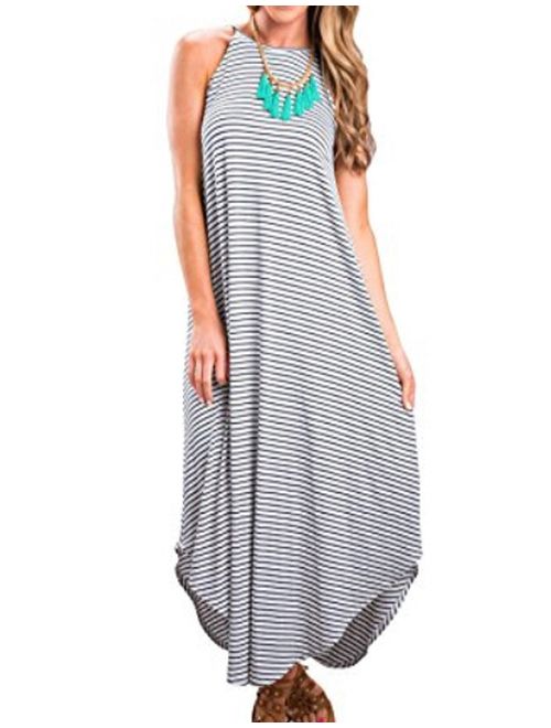 OFEFAN Womens Summer Casual Stripe Sleeveless Loose Beach Maxi Dress 
