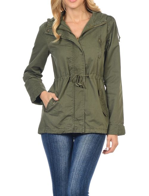 Womens Safari Utility Anorak Zip Up Jackets Long Sleeve Drawstring Lapel Wind Coats with Pockets