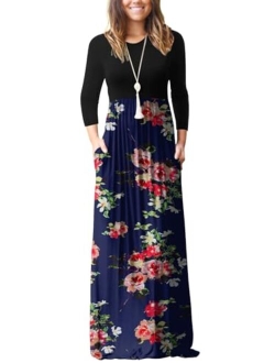 Women's Long Sleeve Loose Plain Maxi Dresses Casual Long Dresses Wite Pockets