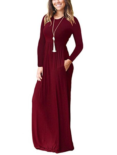 GRECERELLE Women's Long Sleeve Loose Plain Maxi Dresses Casual Long Dresses Wite Pockets